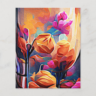 Flyer Floral Abstrato Art Laranja Vermelho Azul Flores