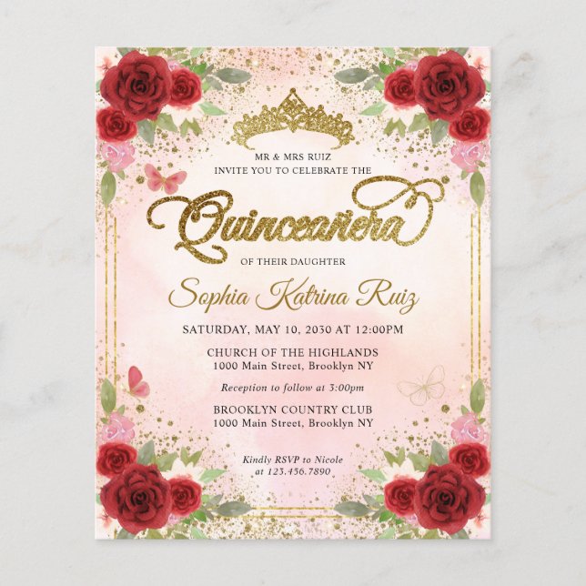 Flyer Floral Barata Rosa Dourada Tiara Quinceañera (Frente)