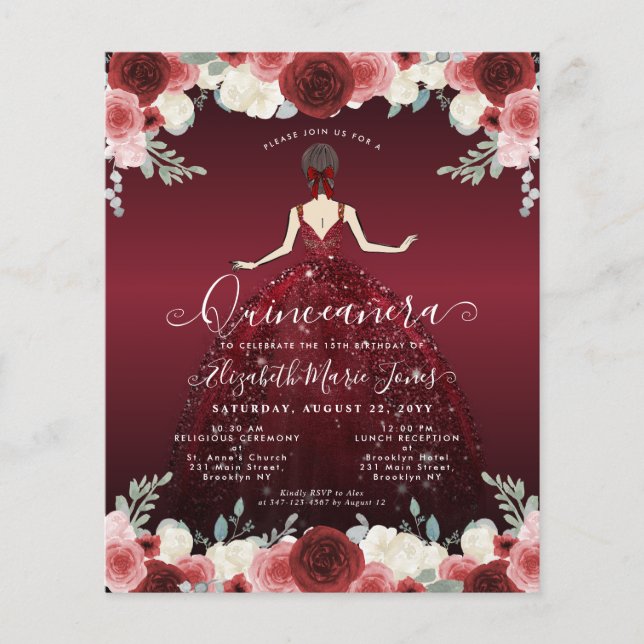 Flyer Floral Barato, Borgonha Vermelha Vestida Cinceaner (Frente)