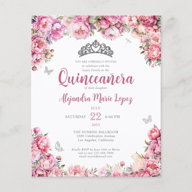 Flyer Floral cor-de-rosa barato Glitter Tiara Quinceañer (Frente)