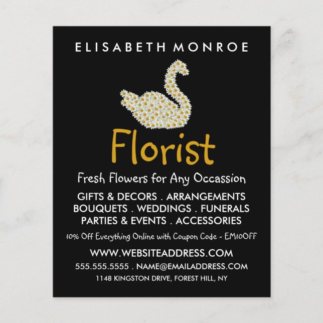 Flyer Floral Daisy Swan, Publicidade Florista (Frente)