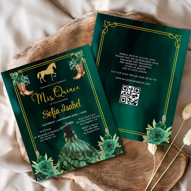 Flyer Floral Emerald Green Boots Horse Quinceanera (Criador carregado)