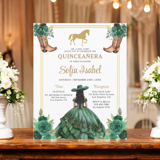 Flyer Floral Emerald Green Boots Horse Quinceanera (Criador carregado)