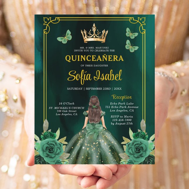 Flyer Floral Emerald Green Butterfly Dourada Quinceanera (Criador carregado)