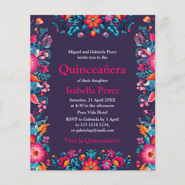 Flyer Floral Quinceanera Purple Mexicano Fiesta Birthday (Frente)