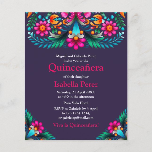 Flyer Floral Quinceanera Purple Mexicano Fiesta Birthday (Frente)