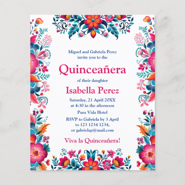 Flyer Floral Quinceanera White Festa Mexicana Aniversári (Frente)