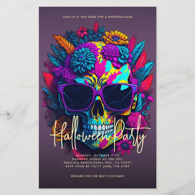 Flyer Floral Skull Halloween Party Roxo (Frente)