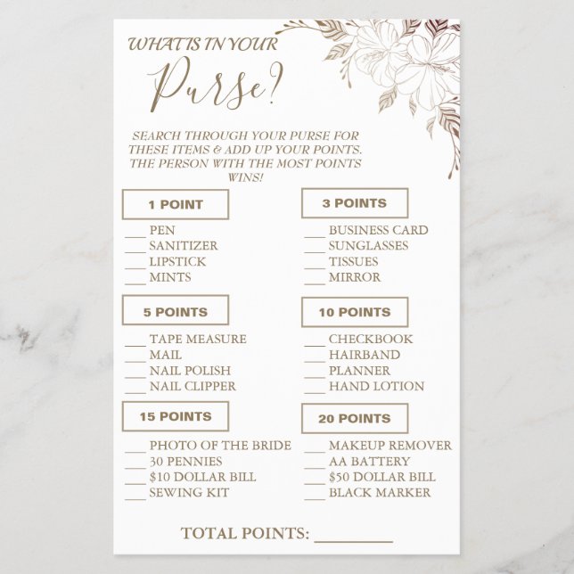 Flyer Floral What is in your purse Shower game card Flye (Frente)