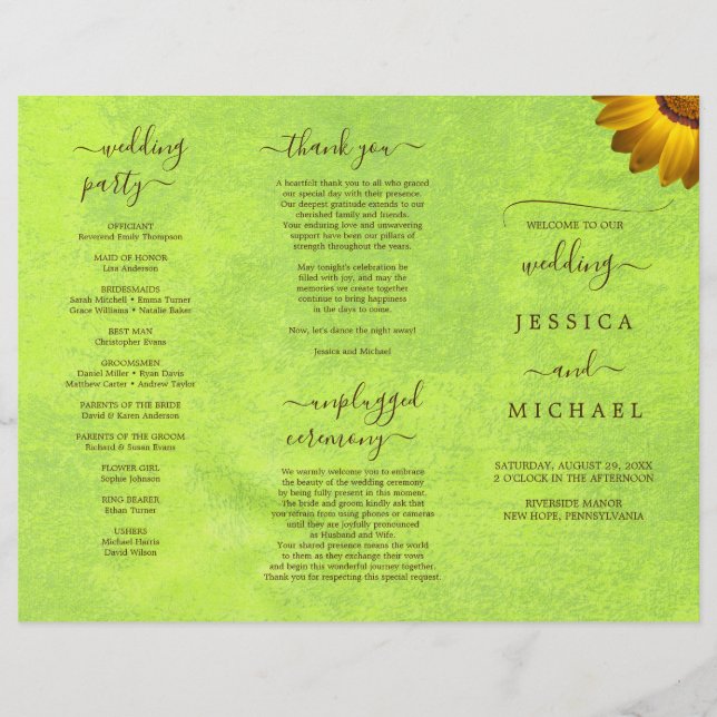 Flyer Flores Amarelas no Casamento Verde Abstrato (Frente)