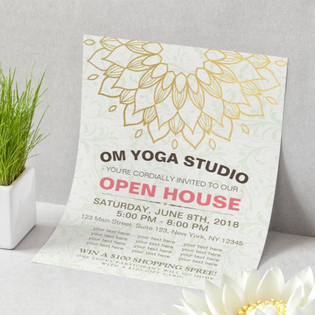 Flyer Flores do YOGA Studio Open House Gold Foil Mandala (Criador carregado)