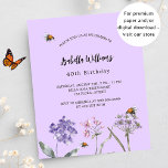 Flyer Flores selvagens de aniversário violentam convite<br><div class="desc">Por favor, note que este convite está no papel de folheto e é muito fino. Os envelopes não estão incluídos. Para convites mais espessos (mesmo design) visite nossa loja. Um fundo colorido violeta e lavanda. Decorado com abelhas e pintado flores silvestres em violeta e rosa. Personalize e adicione um nome...</div>