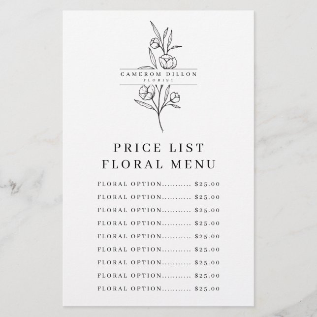 Flyer Folha de Lista de Preços Comprados da Flor Florist (Frente)