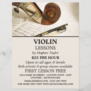 Flyer Folha de Notas de Violino, Anúncio de Lições de