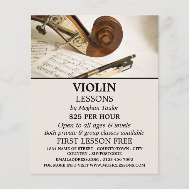 Flyer Folha de notas de violino, lições de violino e pub (Frente)