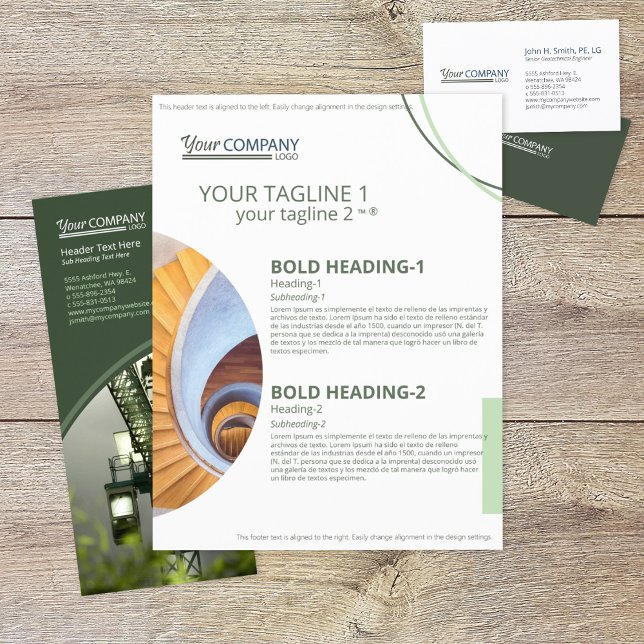 Flyer Folha Promocional, Verde, Formas Geométricas Redon (olive green company branding flyer with modern block text and geometric shaped photos)