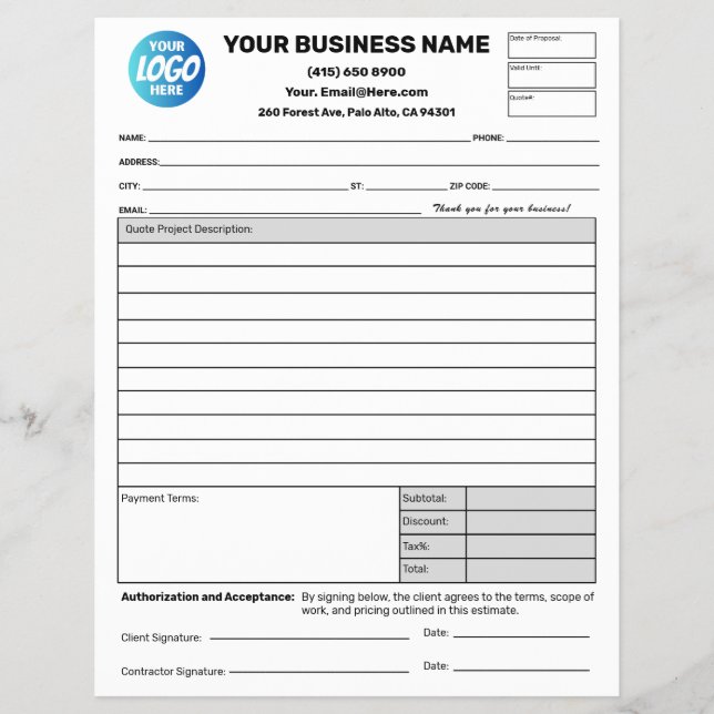 Flyer Formulários de Orçamento de Proposta de Trabalho d (Frente)