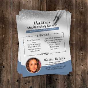 Flyer Foto Azul Glitter do Mobile Notary Service Silver