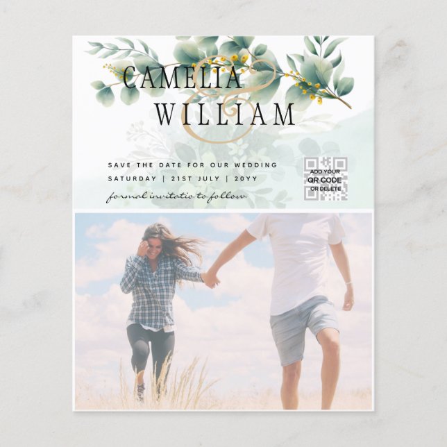 Flyer FOTO DO BUDGET Greenery Casamento Salvar a Data QR (Frente)