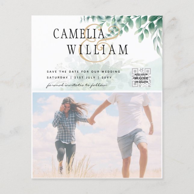 Flyer FOTO DO BUDGET Greenery Casamento Salvar a Data QR (Frente)