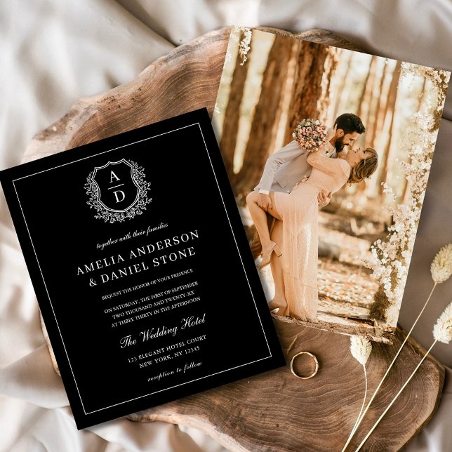 Flyer Foto Moderna Floral Crest Monograma Formal (Criador carregado)