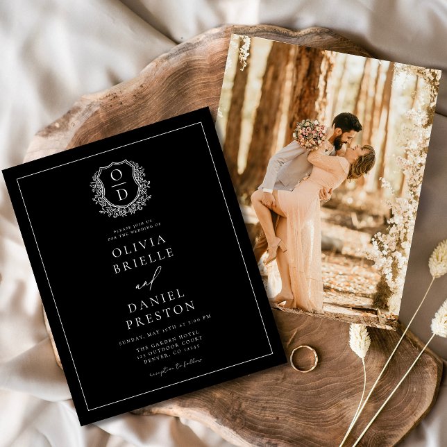 Flyer Foto Moderna Floral Crest Monograma Formal (Criador carregado)