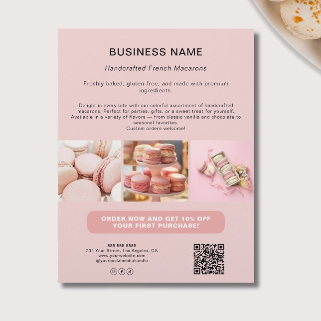 Flyer Foto personalizada da padaria QR Social Media Pink (Bakery Custom Photo QR Social Media Pink Business Flyer)