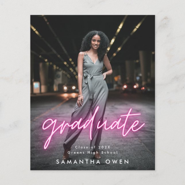 Flyer Foto personalizável de graduação de neon-line rosa (Frente)