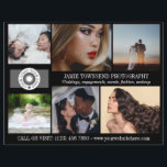 Flyer Fotógrafo profissional do logotipo de colagem de f<br><div class="desc">Folheto de marketing preto para um fotógrafo profissional personalizado com suas fotos, logotipos, informações de contato, texto personalizado e código QR. Folheto de fotógrafo profissional para promover sua empresa personalizada com seis fotos lado a lado com seu logotipo, nome comercial, slogan e informações de contato. No verso, adicione seu logotipo,...</div>