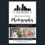 Flyer Fotógrafo profissional preto Seu logotipo<br><div class="desc">Folheto de marketing para um fotógrafo profissional personalizado com suas fotos, logotipo, informações de contato, texto personalizado e foto de perfil em um charmoso preto limpo e design branco. Folheto de fotografia profissional feminina e gráfica em um design limpo com cor de sotaque preta e um roteiro encantador personalizado com...</div>