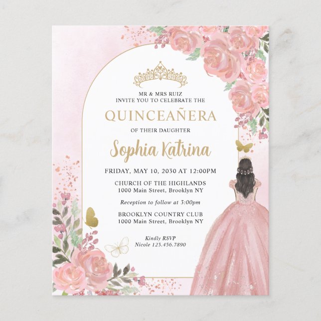 Flyer Fraca Floral Blush Rosa Dourada Princesa Quinceane (Frente)
