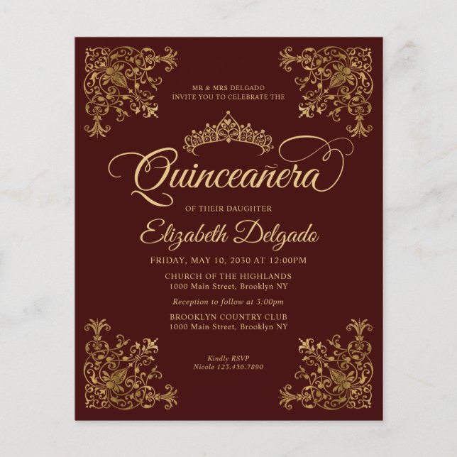 Flyer Frame Dourado Barato Vintage Burgundy Quinceanera (Frente)