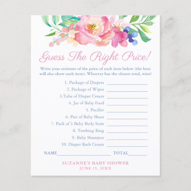 Flyer Full Bloom Guess The Price Baby Shower Game Card (Frente)