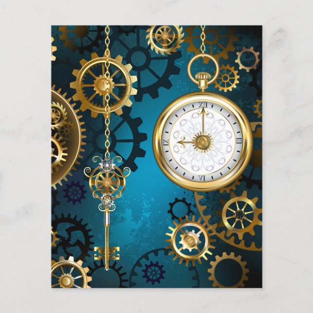 Flyer Fundo de turquesa Steampun com engrenagens (Frente)