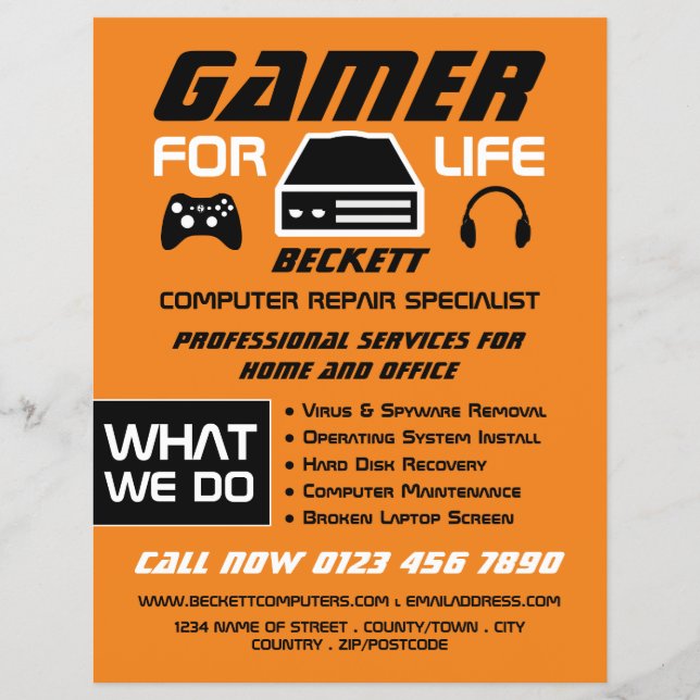 Flyer Gamer para a vida, Computer Repair Specialist Adve (Frente)