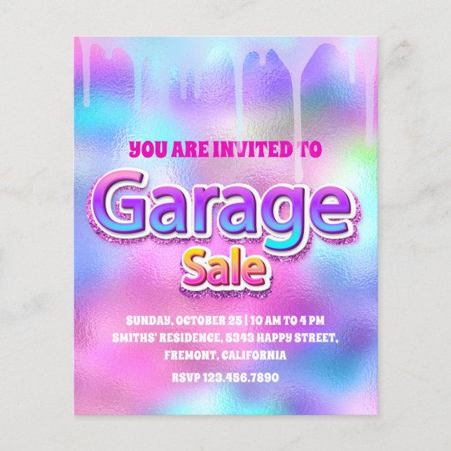 Flyer Garage Sale Derrame de Largura Holográfico Rosa (Frente)