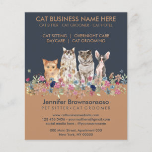 Flyer Gatos de Estimação Fofo Marrom Azul-Marinho