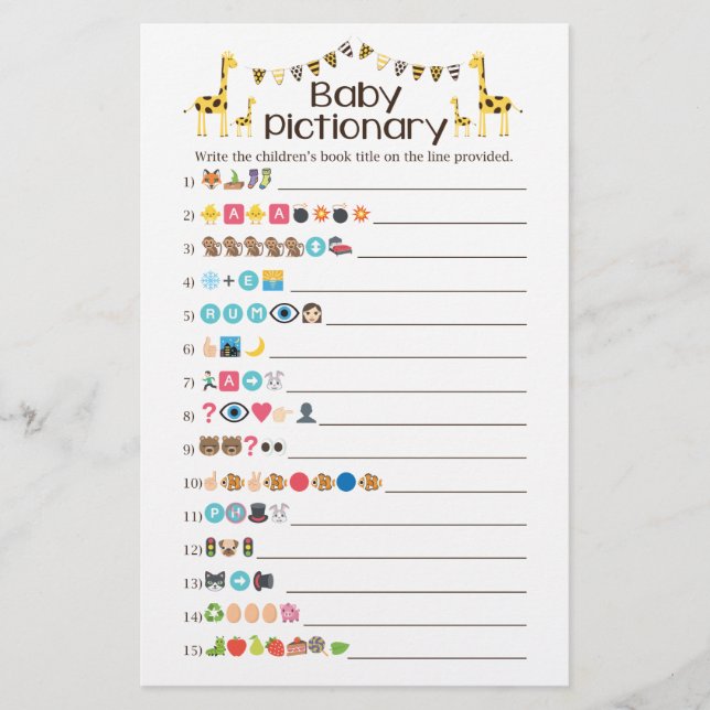 Flyer Giraffe Baby Books Emoji Pictionary Game (Frente)