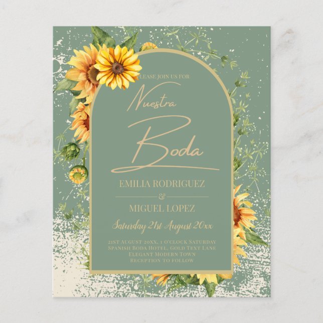 Flyer Girasoles Bilingües Boda Rústica en Verde Salvia (Frente)