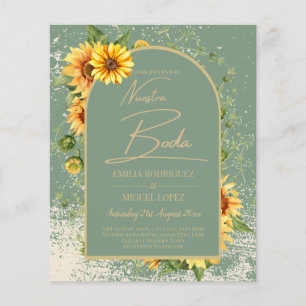 Flyer Girasoles Bilingües Boda Rústica en Verde Salvia
