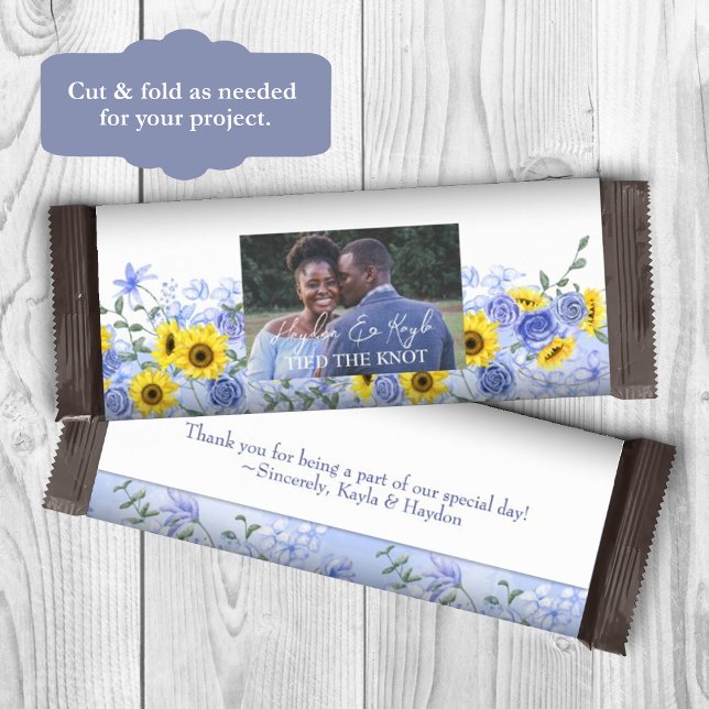 Flyer Girassóis, Dusty Blue Weding Candy Wrapper Bar (yellow sunflower dusty blue wedding candy bar wrappers, diy personalized chocolate bar labels)
