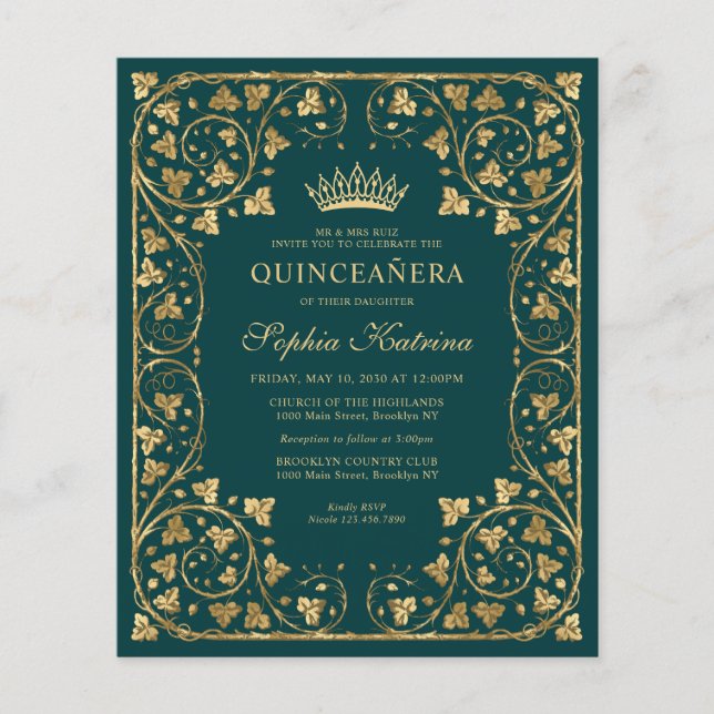 Flyer Glam Barato Emerald Verde Dourada Tiara Quinceaner (Frente)