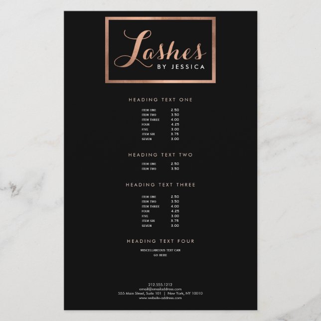 Flyer Glam Lashes Script Texto Rosa Dourado/Preto (Frente)