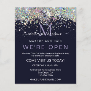 Flyer Glitter Holográfico Elegante Estamos Abertos Salon
