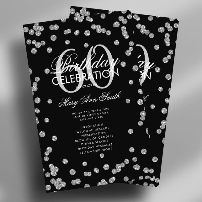 Flyer Glitter Silver do Programa de Festa de aniversário (60th Birthday Party Program Silver Glitter w/ Menu Flyer)