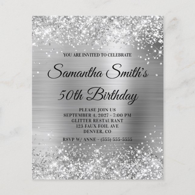 Flyer Glittery Silver Glam 50th Birthday Invite (Frente)