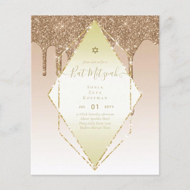 Flyer Glitzy BAT MITZVAH Convida Glitter Sparkles Modern (Frente)