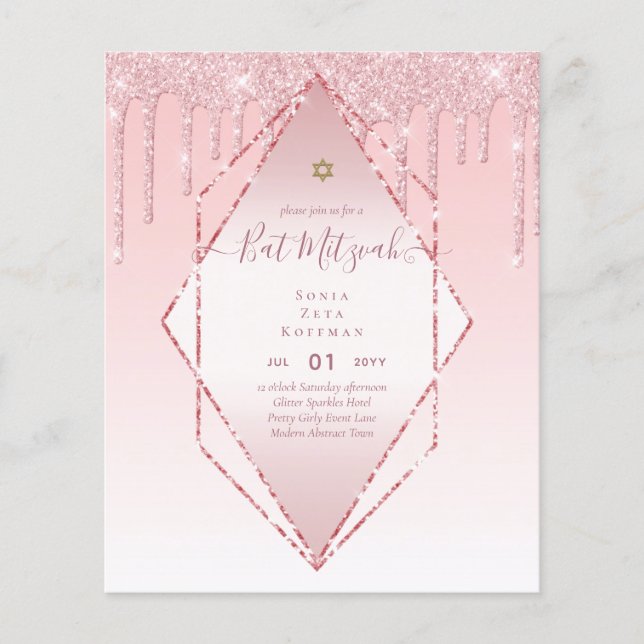 Flyer Glitzy BAT MITZVAH Convida Glitter Sparkles Modern (Frente)