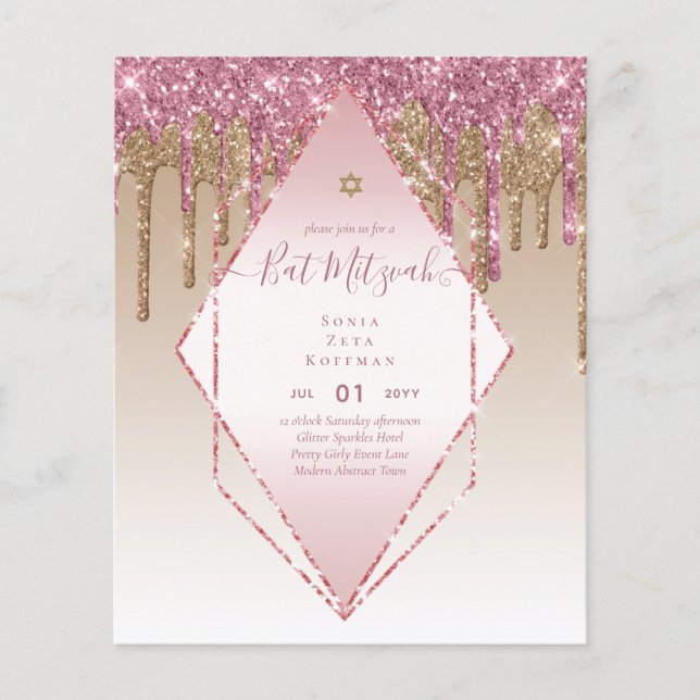 Flyer Glitzy BAT MITZVAH Convida Glitter Sparkles Modern (Frente)