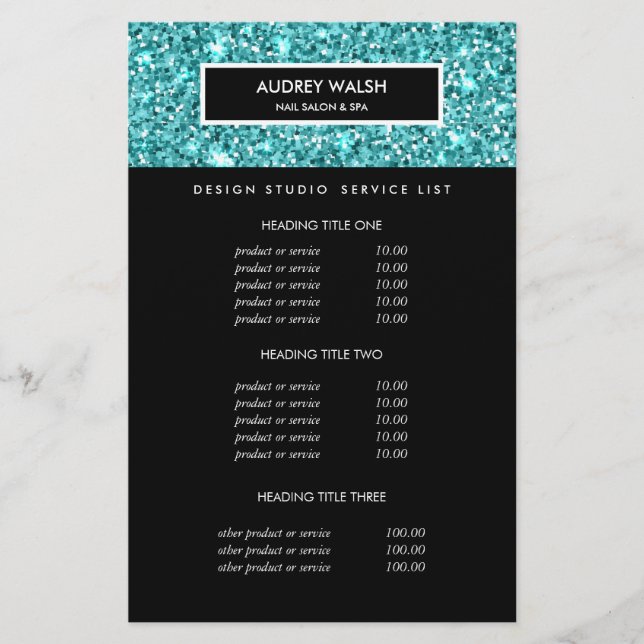 Flyer Glitzy Blue Glitter Salon Pricing & Serviços (Frente)
